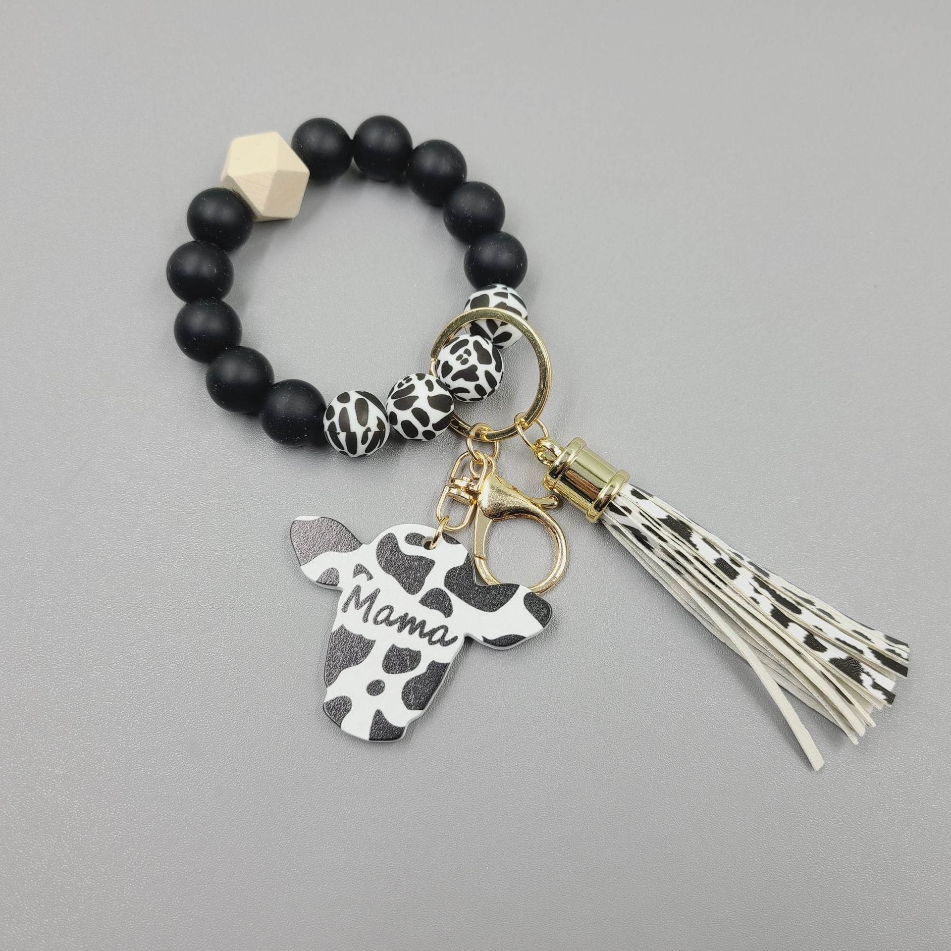 Wholesale Western Style Wood Chips MAMA Bull Head Silicone Beads Bracelet Keychain